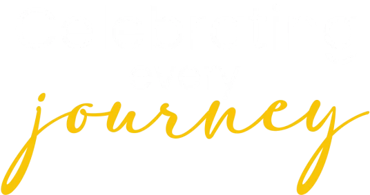 Typography poster reading 'Celebrating every journey' with 'journey' in gold cursive on a black background
