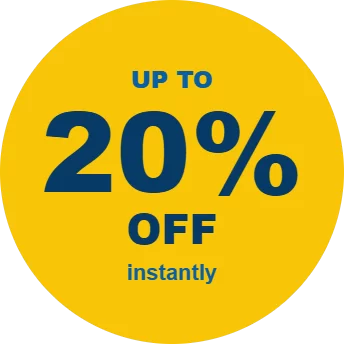 Yellow circular promo badge: 'UP TO 20% OFF instantly' in blue text.